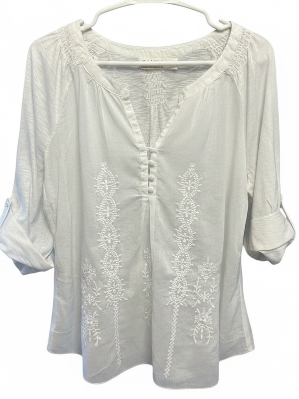Faded Glory Woman White Embroidered Button-Front Peasant Blouse LRG (12-14) EUC